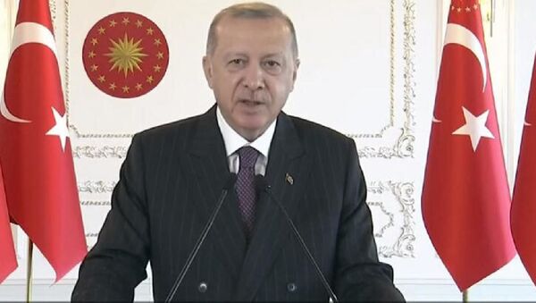 Cumhurbaşkanı Erdoğan, video konferans yöntemiyle Reyhanlı Barajı, Afrin Çayı Davutlar Regülatörü ve Derivasyon Kanalı, Tahtaköprü Barajı Yükseltilmesi ve Hatay İçme Suyu Arıtma Tesisi Açılış Töreni'ne katıldı. - Sputnik Türkiye