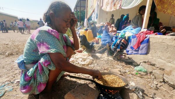 Etiyopya'nın Tigray bölgesindeki çatışmalardan kaçan binlerce kişinin sığındığı Sudan'ın Hamdait köyünde yemek pişirmeye çalışan sığınmacı bir kadın - Sputnik Türkiye
