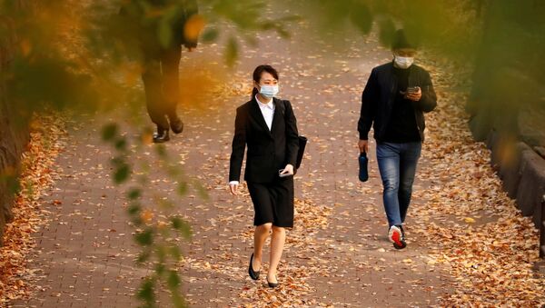 Japonya'nın başkenti Tokyo'da maske takmış halde güz yaprakları arasından yürüyerek işe gidenler - Sputnik Türkiye