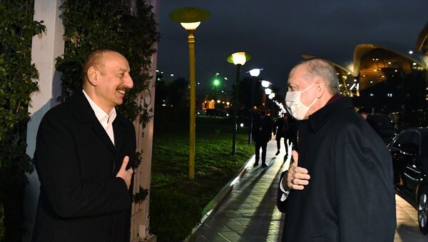 Cumhurbaşkanı Erdoğan, Azerbaycan Cumhurbaşkanı Aliyev ile akşam yemeğinde bir araya geldi. - Sputnik Türkiye