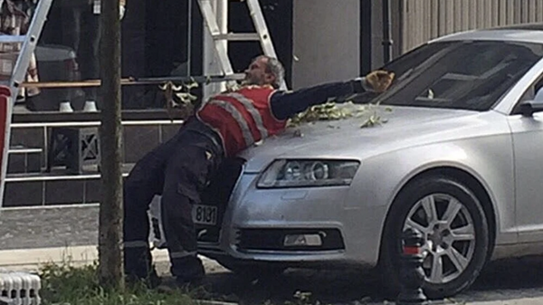 Düzce'de bir belediye işçisi, budanan ağacın altındaki otomobilin zarar görmemesi için kaputun üzerine yattı. Fotoğrafları sosyal medyada fedakar belediye işçisi olarak paylaşılan olay akıllara iş güvenliği konusunu getirdi. - Sputnik Türkiye