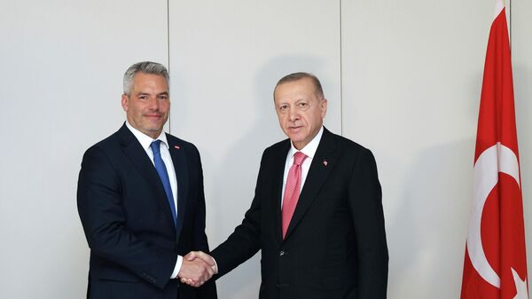 Cumhurbaşkanı Recep Tayyip Erdoğan, NATO Devlet ve Hükümet Başkanları Zirvesi'ne katılmak üzere geldiği İspanya’nın başkenti Madrid’de Avusturya Başbakanı Karl Nehammer ile bir araya geldi. - Sputnik Türkiye