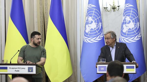 Birleşmiş Milletler (BM) Genel Sekreteri Antonio Guterres ve Ukrayna Devlet Başkanı Vladimir Zelenskiy - Sputnik Türkiye