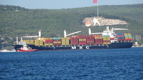 Çanakkale Boğazı'ndan geçen 207 metre uzunluğundaki MSC MALENA isimli konteyner gemisi, Çanakkale önlerinde makine arızası yaptı. - Sputnik Türkiye