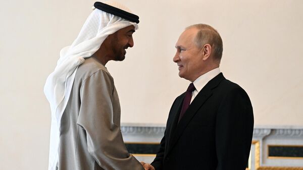 Rusya Devlet Başkanı Vladimir Putin ve Birleşik Arap Emirlikleri (BAE) Devlet Başkanı Muhammed bin Zayid Al Nahyan - Sputnik Türkiye