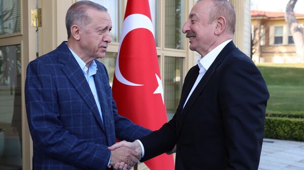 Cumhurbaşkanı Recep Tayyip Erdoğan, Azerbaycan Cumhurbaşkanı İlham Aliyev ile bir araya geldi. - Sputnik Türkiye