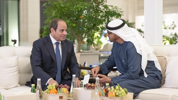 Birleşik Arap Emirlikleri Devlet Başkanı Şeyh Muhammed bin Zayid Al Nahyan ile Mısır Cumhurbaşkanı Abdulfettah es-Sisi, başkent Abu Dabi'daki Eş-Şatı Sarayında bir araya geldi.  - Sputnik Türkiye