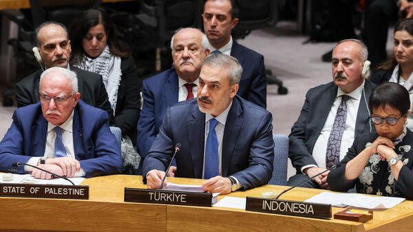 Dışişleri Bakanı Hakan Fidan (ortada), ABD'nin New York kentinde Birleşmiş Milletler Güvenlik Konseyi'nde (BMGK) üst düzey İsrail-Filistin oturumuna katılarak konuşma yaptı. ( - Sputnik Türkiye