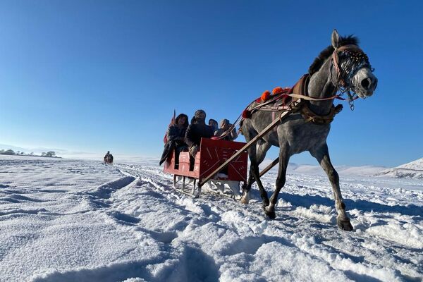 Yüzeyinin tamamı kar ve buzla kaplı Ardahan ile Kars arasındaki Çıldır Gölü&#x27;nde atlı kızak heyecanı devam ediyor. Gölün, Ardahan tarafındaki kıyı kesimlerine gelen yerli ve yabancı turistler, buzla kaplı göl üzerinde yürüyüş yapıp, atlı kızaklarla gezinti yaptı.  - Sputnik Türkiye