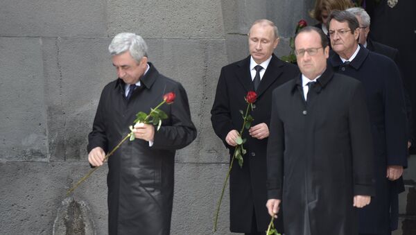Rusya Devlet Başkanı Vladimir Putin, Ermenistan Devlet Başkanı Serj Sarkisyan, Fransa Cumhurbaşkanı François Hollande - Sputnik Türkiye
