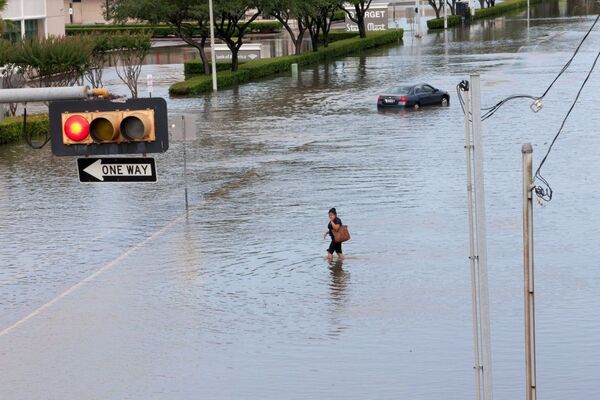 Sele teslim olan Teksas eyaletindeki Houston şehrinde bir kadın suda yürüyor - Sputnik Türkiye