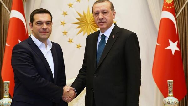 Cumhurbaşkanı Recep Tayyip Erdoğan, Yunanistan Başbakanı Aleksis Çipras'ı Cumhurbaşkanlığı Külliyesi'nde kabul etti. - Sputnik Türkiye