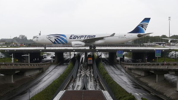 This picture taken on May 19, 2016, shows an Egyptair Airbus A330 from Cairo taxiing at the Roissy-Charles De Gaulle airport near Paris after its landing a few hours after the MS804 Egyptair flight crashed into the Mediterranean - Sputnik Türkiye