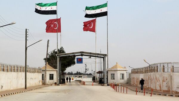 Öncüpınar Sınır Kapısı'nda yan yana dalgalanan Özgür Suriye Ordusu ve Türkiye bayrakları. - Sputnik Türkiye