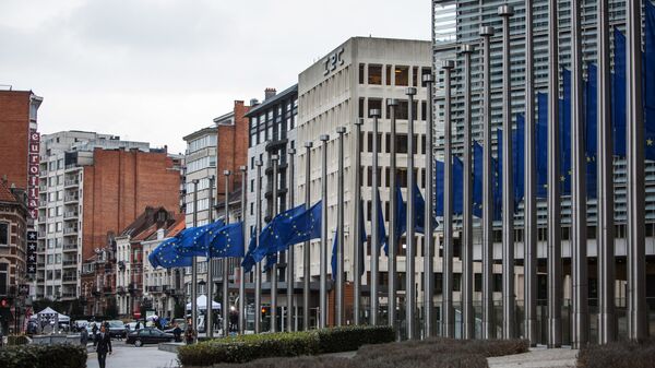 Avrupa Komisyonu Genel Merkezi önündeki Avrupa Birliği bayrakları. - Sputnik Türkiye