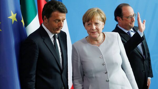 Almanya Başbakanı Angela Merkel, İtalya Başbakanı Matteo Renzi ve Fransa Cumhurbaşkanı Francois Hollande - Sputnik Türkiye