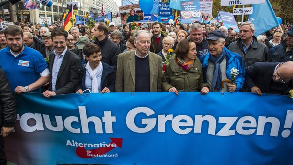 Frauke Petry (3rd, L), chairman of the right-wing populist Alternative for Germany (AfD) party, and the AfD's leading politician Alexander Gauland (4th, L) hold a banner reading Asylum needs limits during a demonstration against the German government's asylum policy organized by the AfD party in Berlin on November 7, 2015. - Sputnik Türkiye
