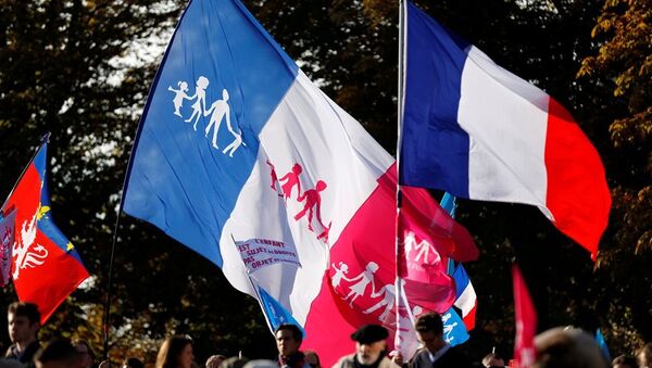 Fransa’nın başkenti Paris’te 10 binlerce kişi, eşcinsellerin evliliğine imkân tanıyan yasayı protesto etti. - Sputnik Türkiye