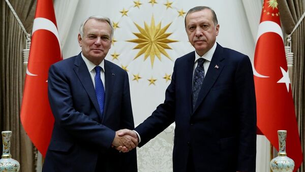 Cumhurbaşkanı Recep Tayyip Erdoğan, Cumhurbaşkanlığı Külliyesi'nde Fransa Dışişleri ve Uluslararası Kalkınma Bakanı Jean-Marc Ayrault'u kabul etti. - Sputnik Türkiye