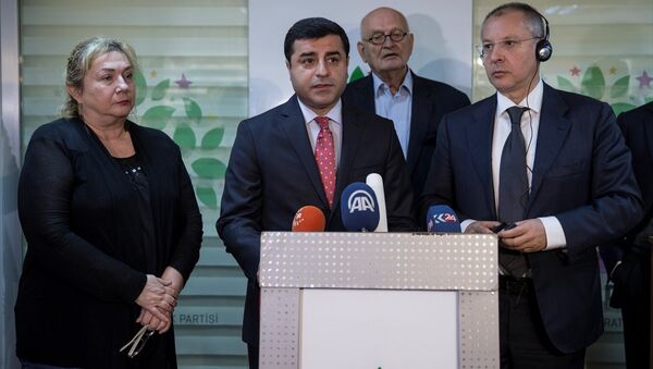 HDP Eş Genel Başkanı Selahattin Demirtaş (ortada), Sergei Stanishev (sağda) başkanlığındaki Avrupa Sosyalistler Partisi heyeti ile bir araya geldi. Demirtaş ve Stanishev, görüşmenin ardından ortak basın açıklaması düzenledi. - Sputnik Türkiye