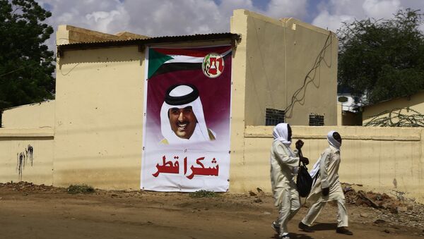 Sudan'da Katar'a teşekkür ifadeleri içeren bir afişin önünden geçen öğrenciler - Sputnik Türkiye