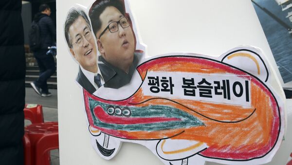 Barış Kızağı: Barışçı bir Olimpiyat yapılması talebiyle Seul'deki bir eylemdekullanılan ve üzerinde Kuzey ve Güney Kore liderlerinin bulunduğu döviz - Sputnik Türkiye