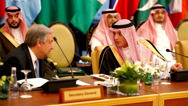 Suudi Dışişleri Bakanı Adil Cubeyr, Riyad'da BM Genel Sekreteri Antonio Guterres'i ağırlayıp ortak basın toplantısı düzenledi, 17 Nisan 2018 - Sputnik Türkiye