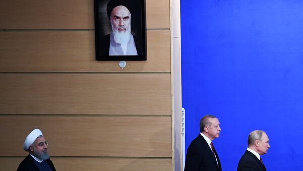 İran Cumhurbaşkanı Hasan Ruhani- Cumhurbaşkanı Recep Tayyip Erdoğan- Rusya Devlet Başkanı Vladimir Putin - Sputnik Türkiye