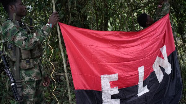 Los rebeldes del Ejército de Liberación Nacional (ELN) sostienen un estandarte en las selvas del noroeste de Colombia - Sputnik Türkiye