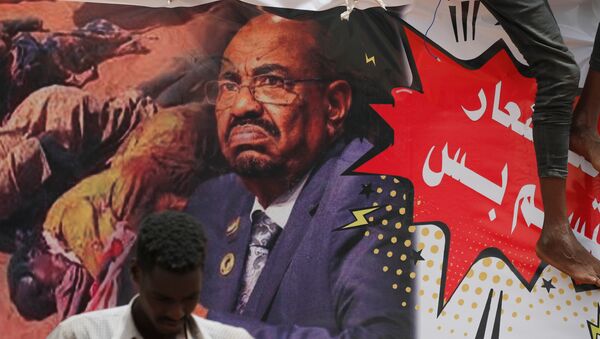 Sudan'da bir gösterici devrik lider Ömer Beşir'in posterinin önünde duruyor - Sputnik Türkiye