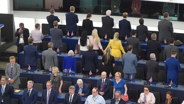 Avrupa Parlamentosu'nun (AP) yeni dönemi İngiliz Brexit partisinden 29 milletvekilinin Avrupa marşı okunduğu sırada sırtını dönerek Avrupa'yı protesto etmesiyle başladı. - Sputnik Türkiye