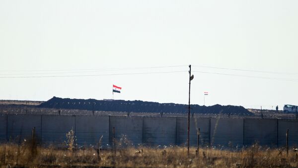 Sınırın Suriye tarafında Suriye bayrakları görülüyor. - Sputnik Türkiye