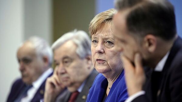 Berlin'deki Libya Konferansı (sırasıyla) BM Libya Temsilcisi Salame, BM Genel Sekreteri Guterres, Almanya Başbakanı Merkel, Almanya Dışişleri Bakanı Maas. - Sputnik Türkiye